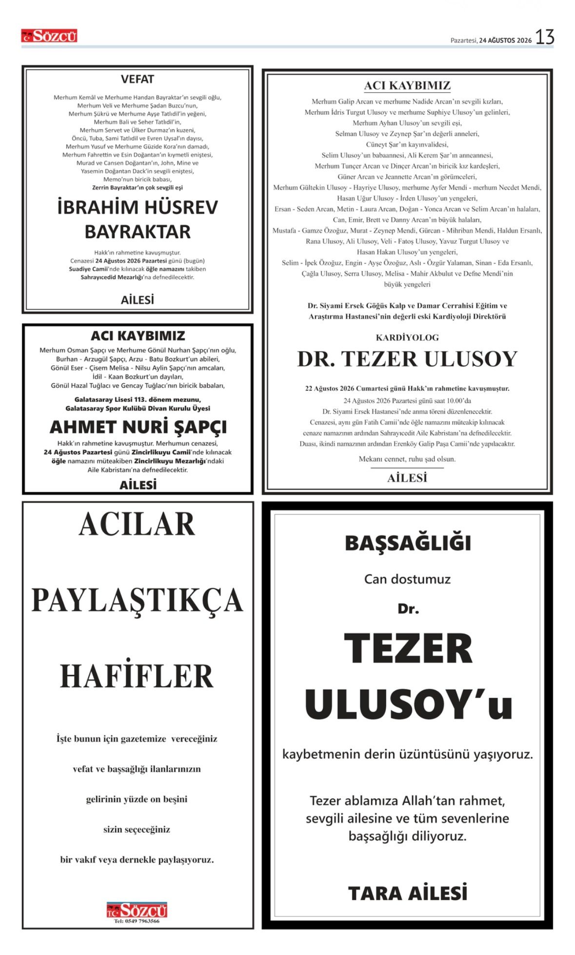 24 Ağustos 2026 Sözcü Gazetesi Vefat ve Başsağlığı İlanları.