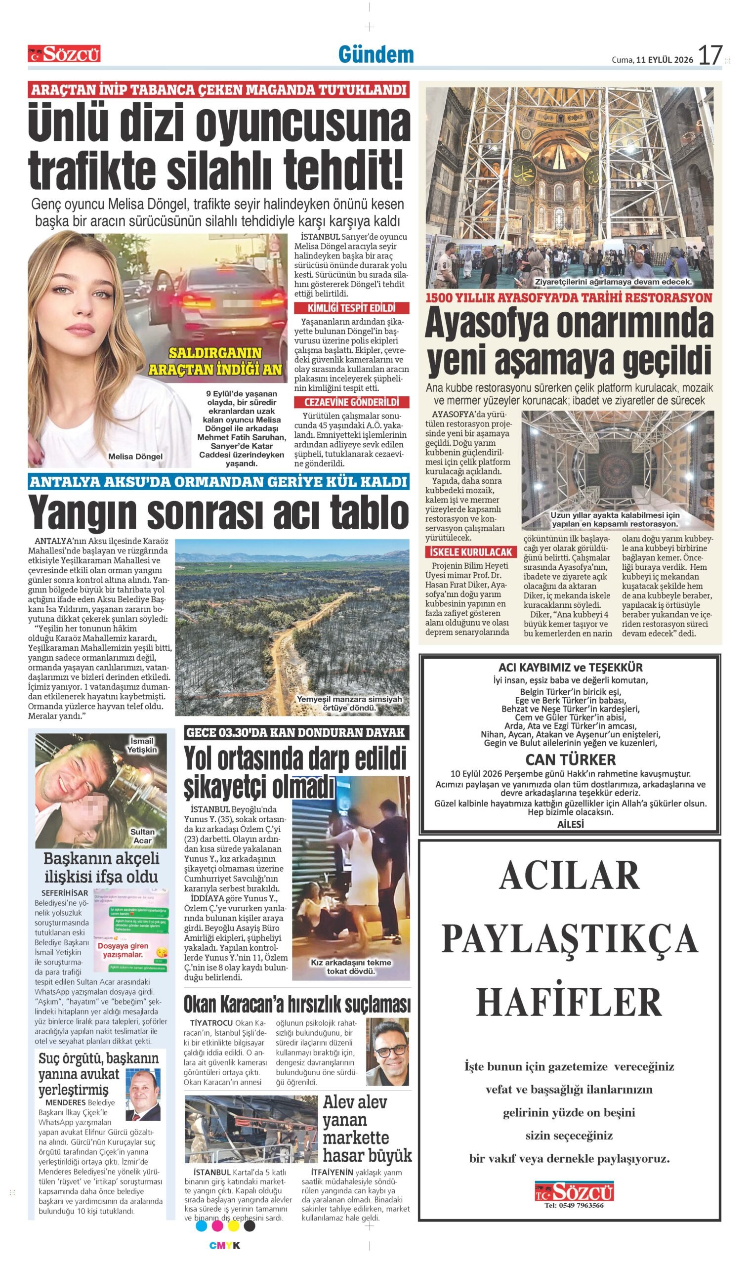 11 Eylül 2026-Sözcü Gazetesi Vefat ve Başsağlığı İlanları.