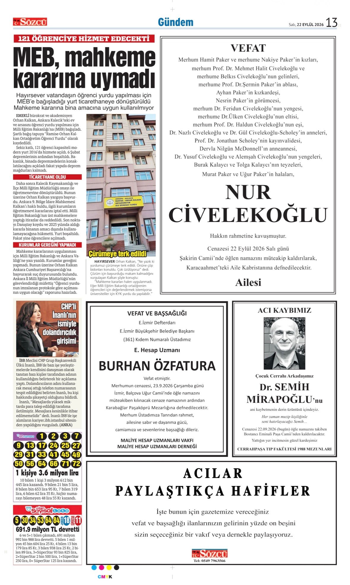 Sözcü Gazetesi Bugünkü Vefat İlanları-22-09-2026
